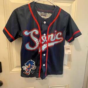 Sega Sonic the Hedgehog Baseball Jersey Shirt Black/Blue Youth Size 10-12